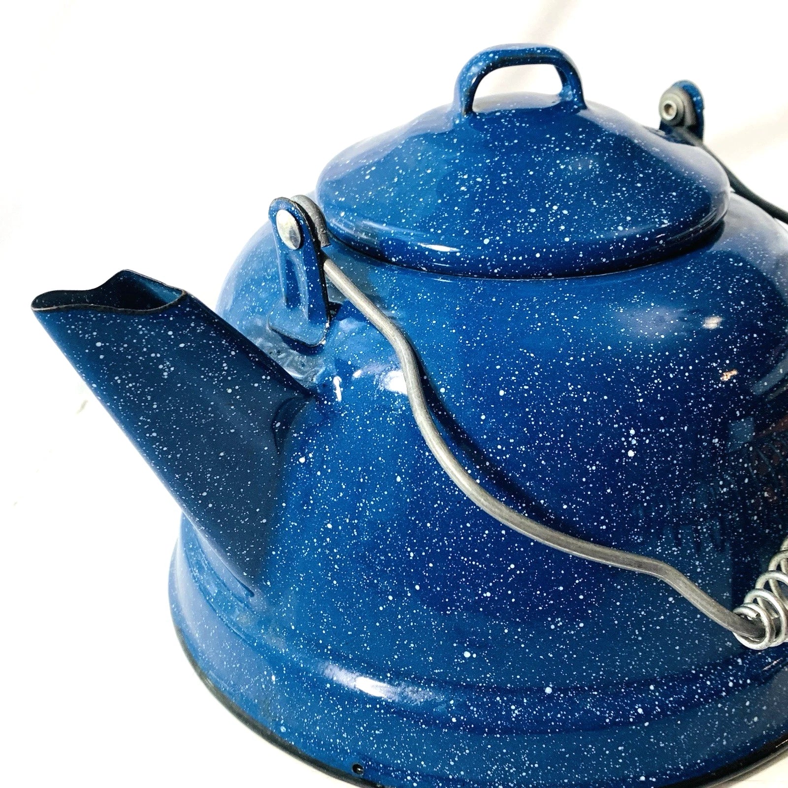 Vintage Cobalt Blue & White Speckled Enamelware Tea Pot Camping Kettle