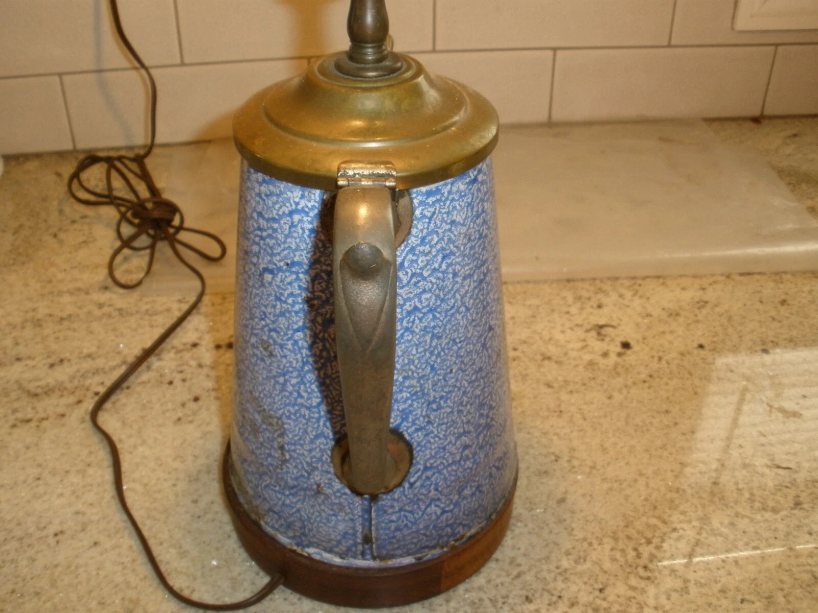 Vintage Enamel & Metal Blue Coffee Tea Pot Electric Lamp 21" Tall WORKS