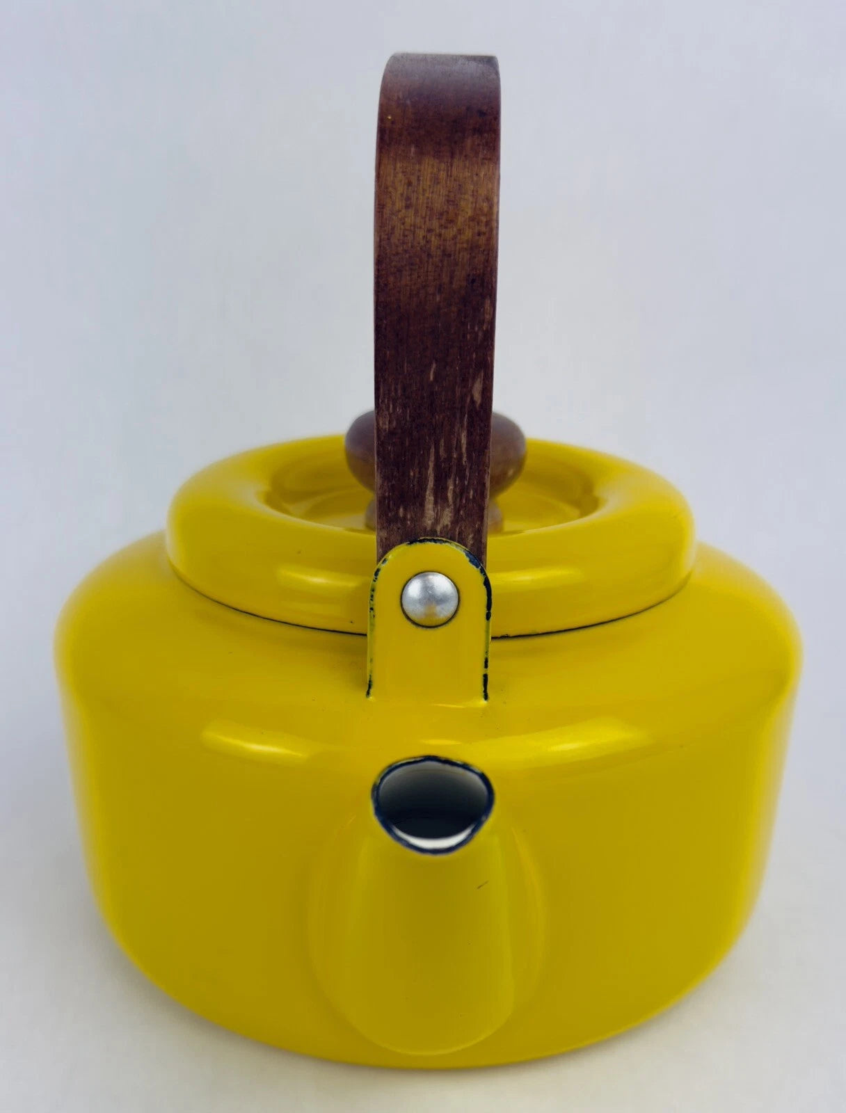 Vintage Yellow Enamel Teapot Tea Kettle MCM Teak Wood Handle