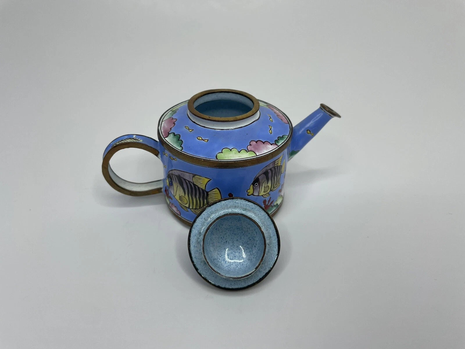 Vintage Blue Tropical Fish Pattern Enamel on Copper Miniature Teapot