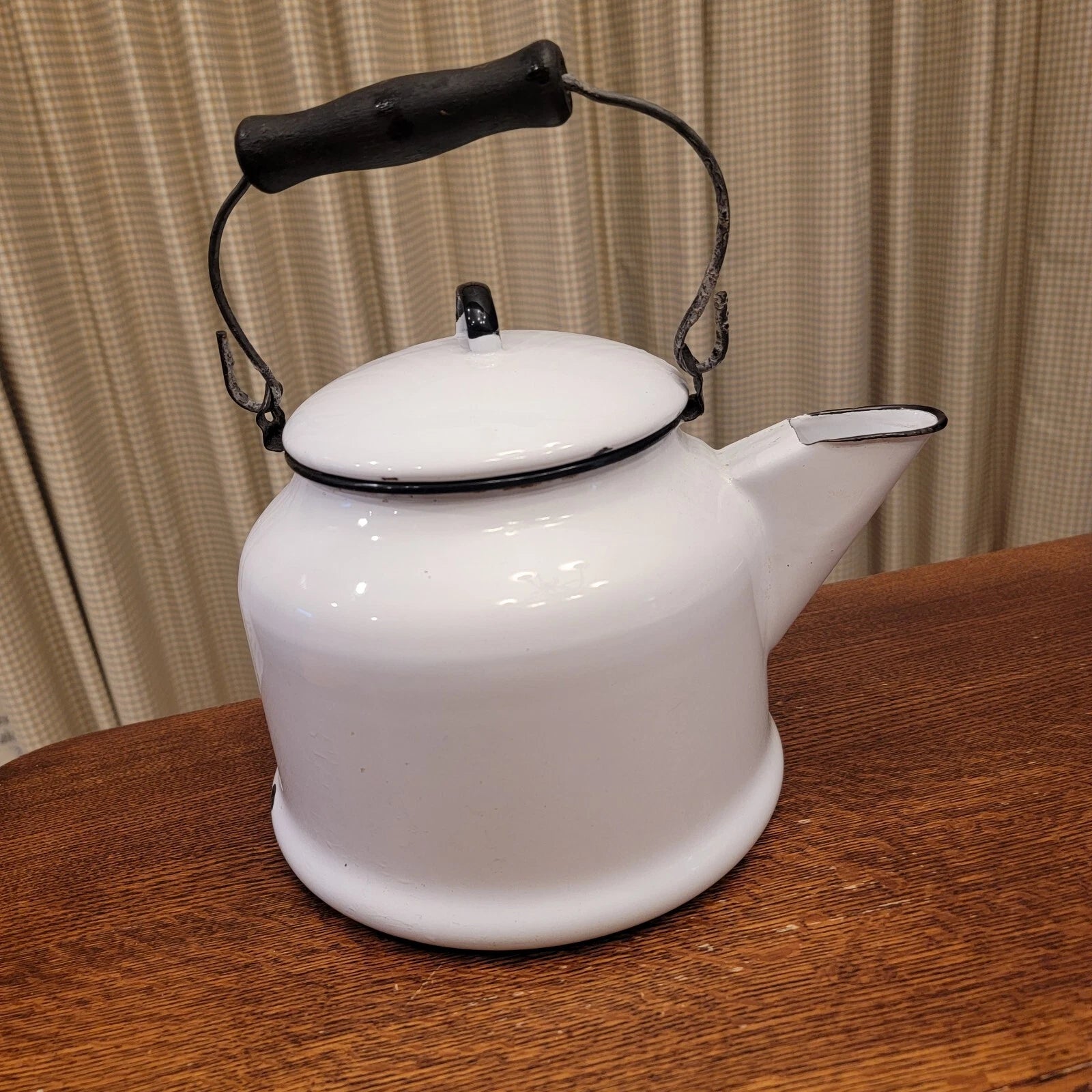 Vintage Enamelware Tea Kettle White Black