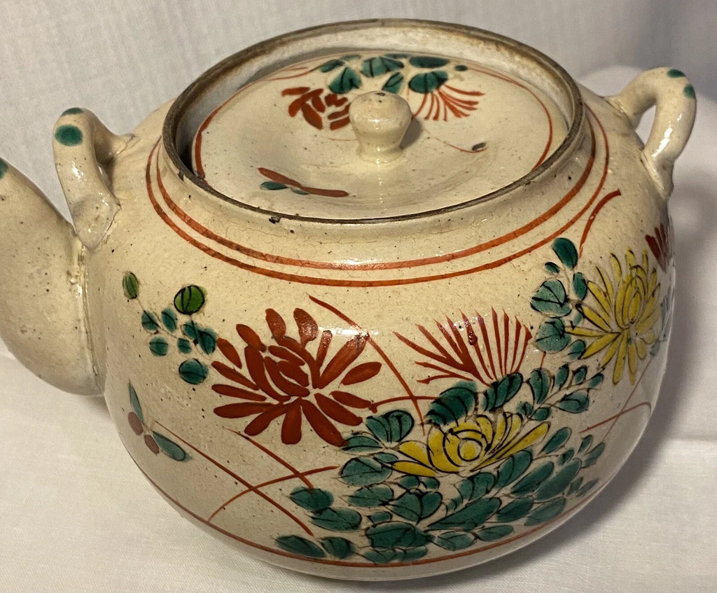 Antique Japanese Yellow Ware Ceramic Famille Rose Raised Enamel Teapot Signed