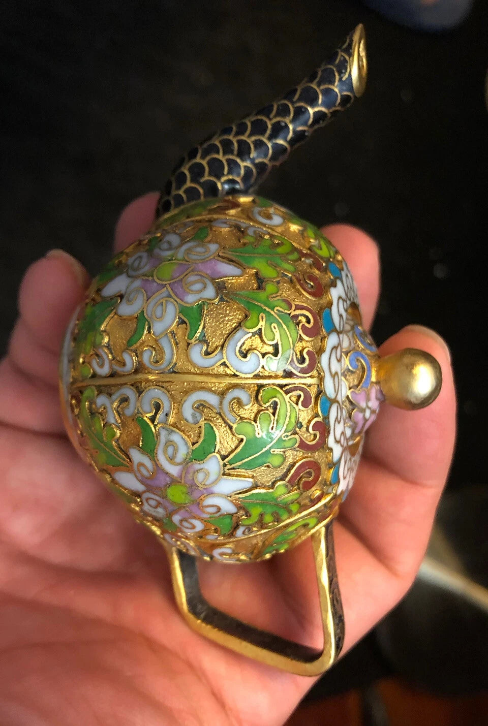 Vintage Cloisonne Enamel and Bronze Small "Pumpkin" Teapot, Black Tip, Pink Top