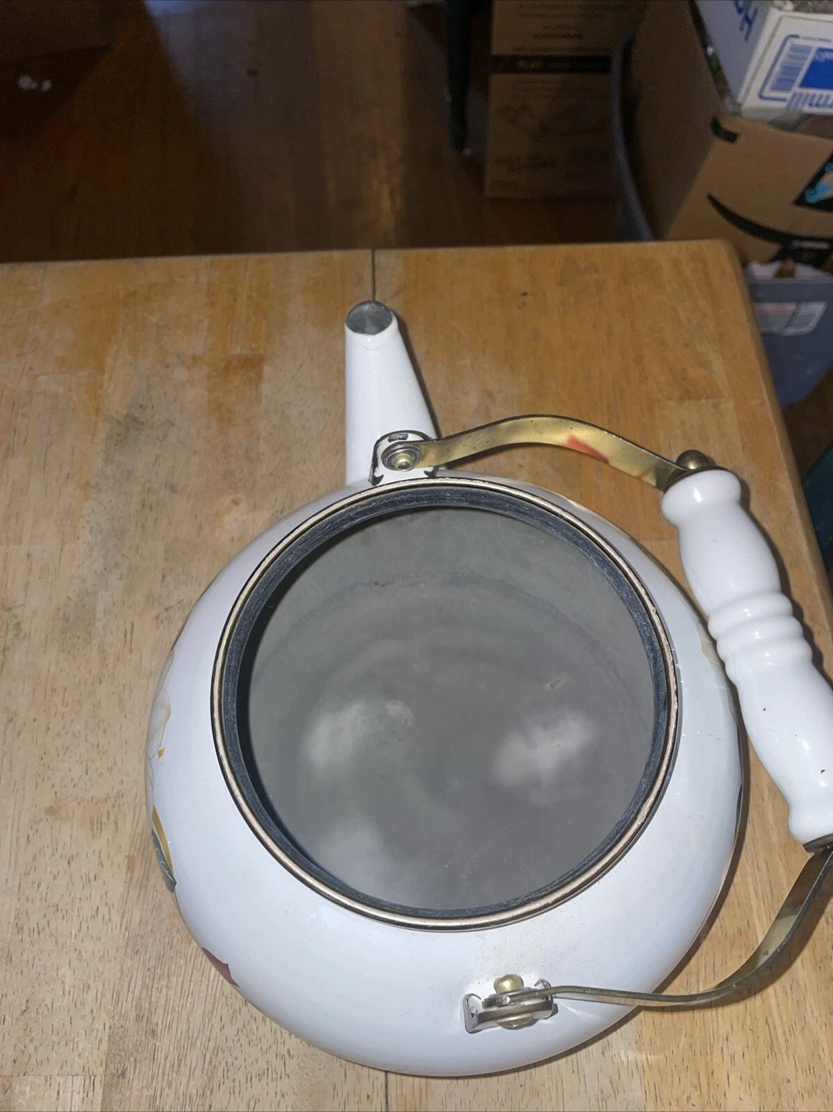 VINTAGE Enamelware Tea Kettle/Pot White/Red Flowers