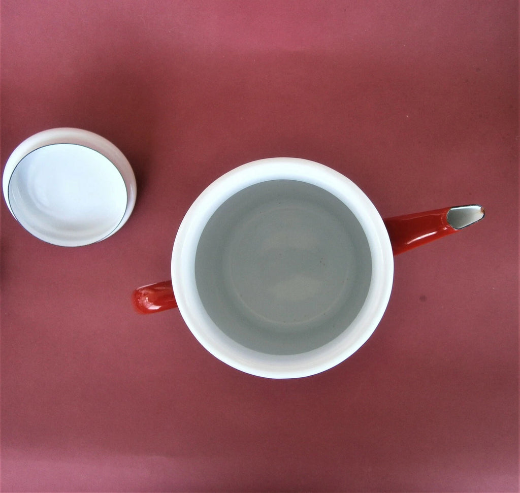Vintage Munder Email Enamel Tea Pot Red Water Jug with Lid Polka Dots Germany