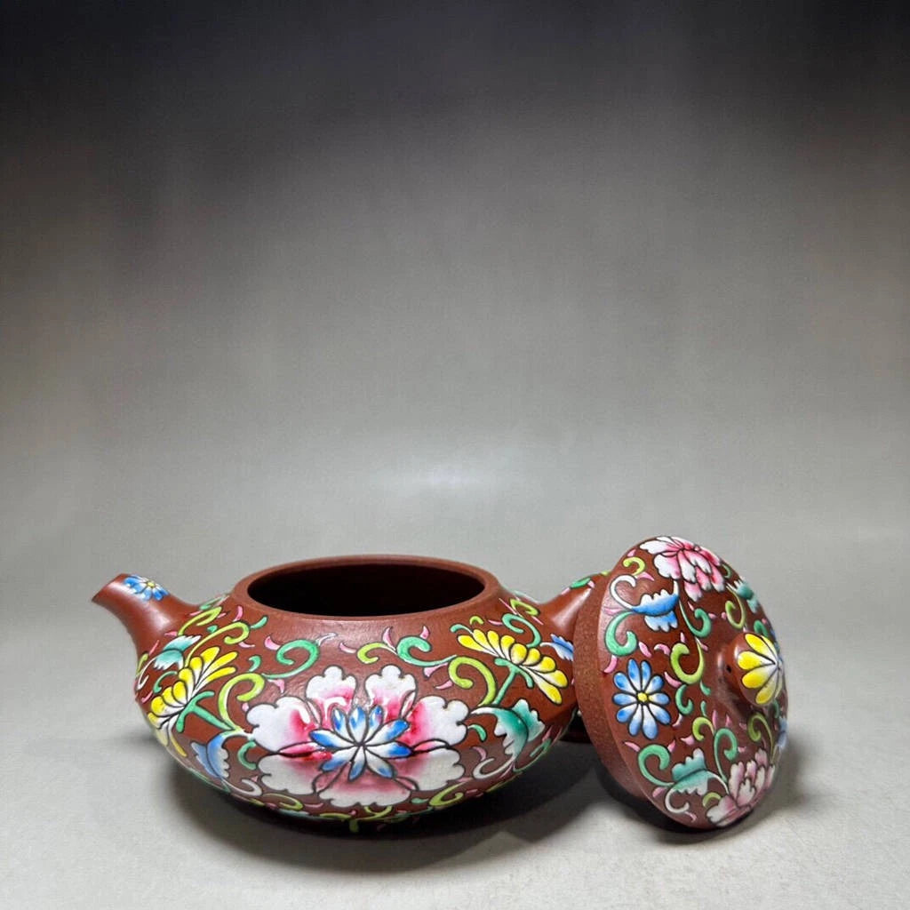 Chinese Yixing Zisha Clay Handmade Enamel Colour Flowers&Plants Teapots 15733