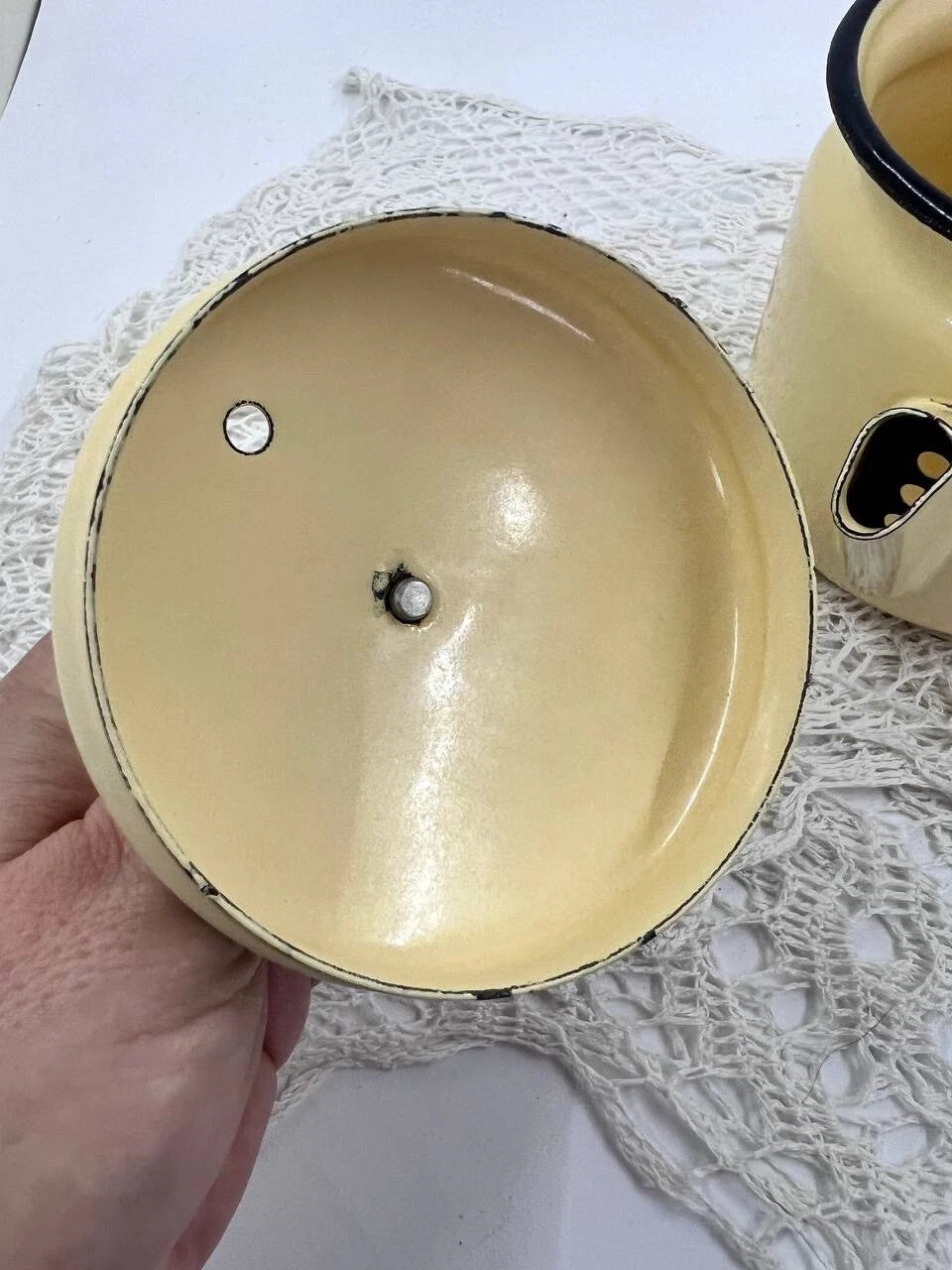 Vintage yellow enameled kettle pitcher 0.5 l Kitchen enamel coffee pot Metal tea