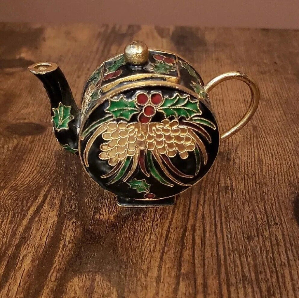 Miniature Decorative Enamel Teapot Black Gold Red Green Cloisonne Holly Berry