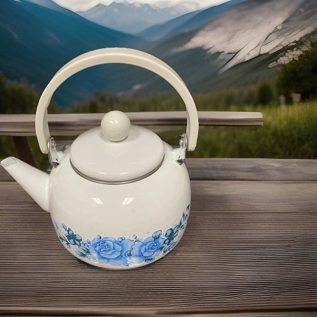 Vintage Enamel Lincoware Tea Pot Kettle White with Plastic Handle-Blue Flowers