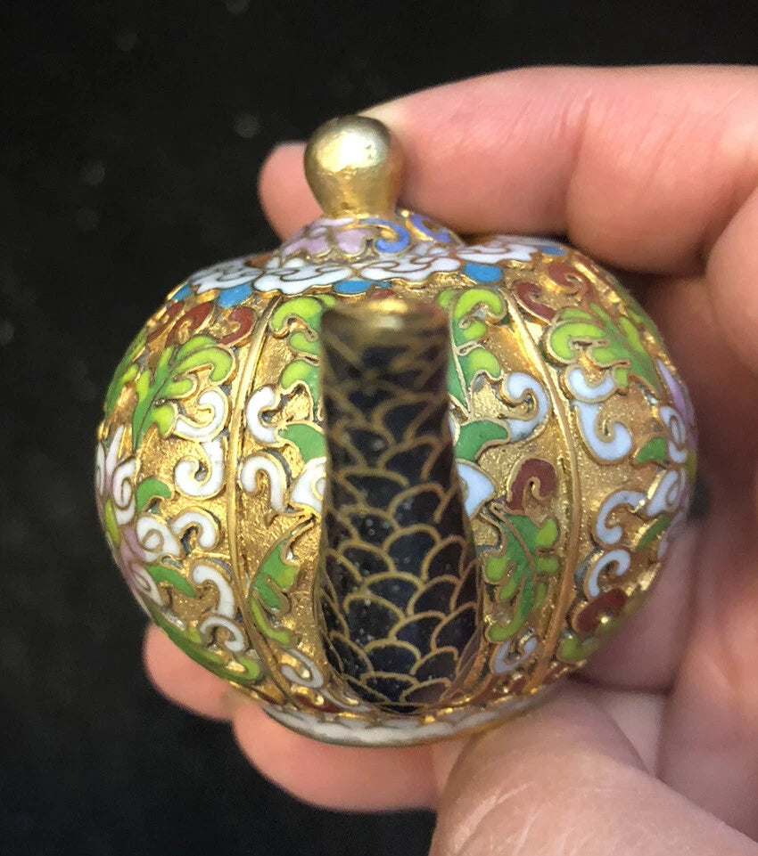 Vintage Cloisonne Enamel and Bronze Small "Pumpkin" Teapot, Black Tip, Pink Top