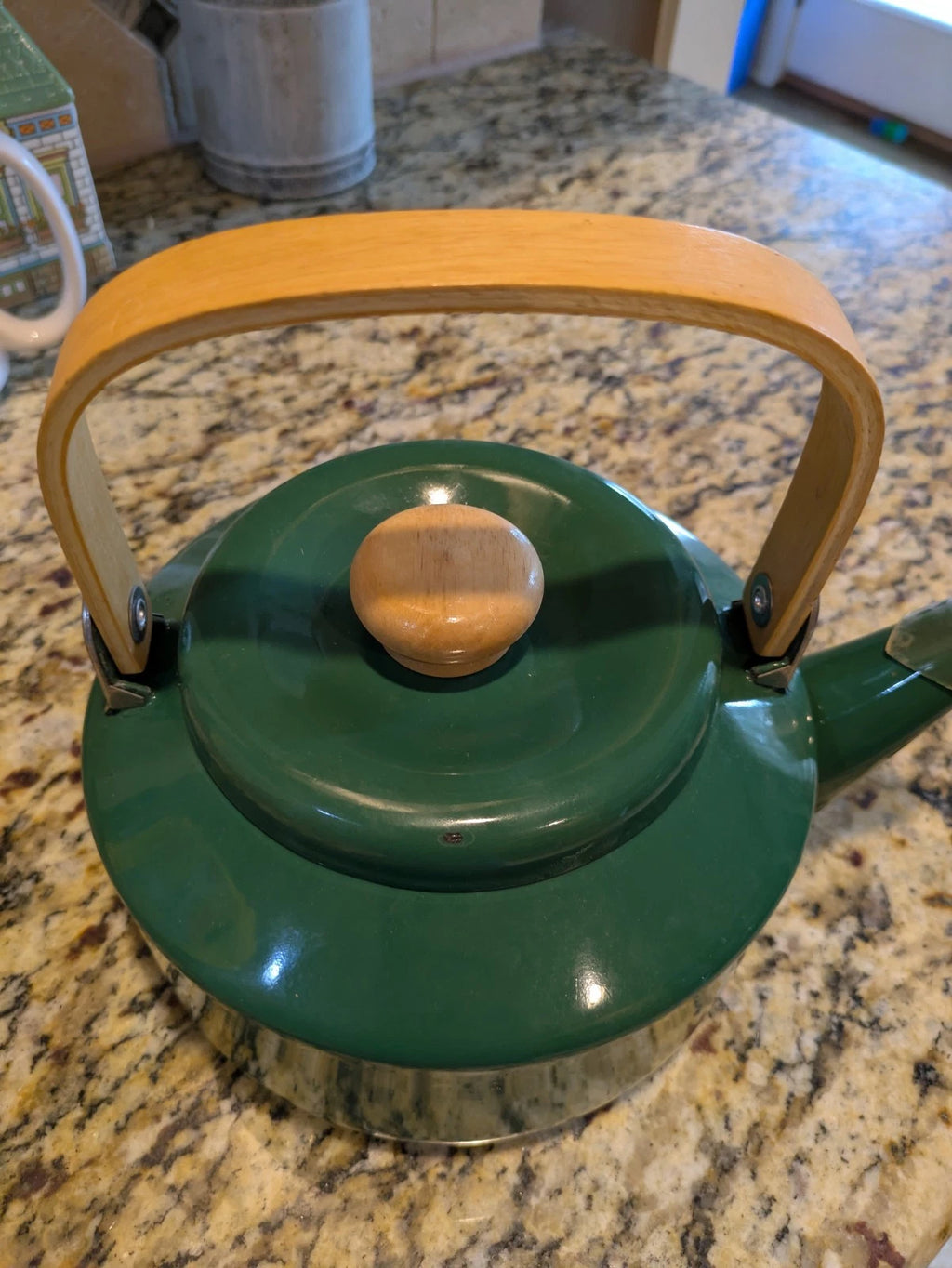 Vintage Green Enamel Tea Kettle with Wood Handle