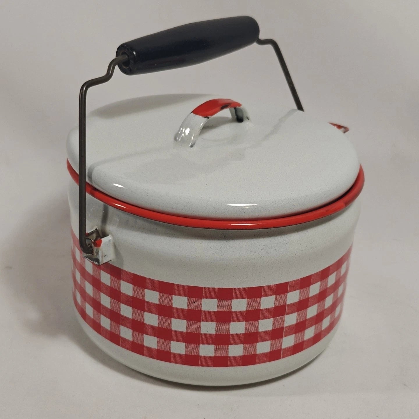 Enamelware Red White Gingham Check Teapot Kettle Metal Rustic Farmhouse Decor