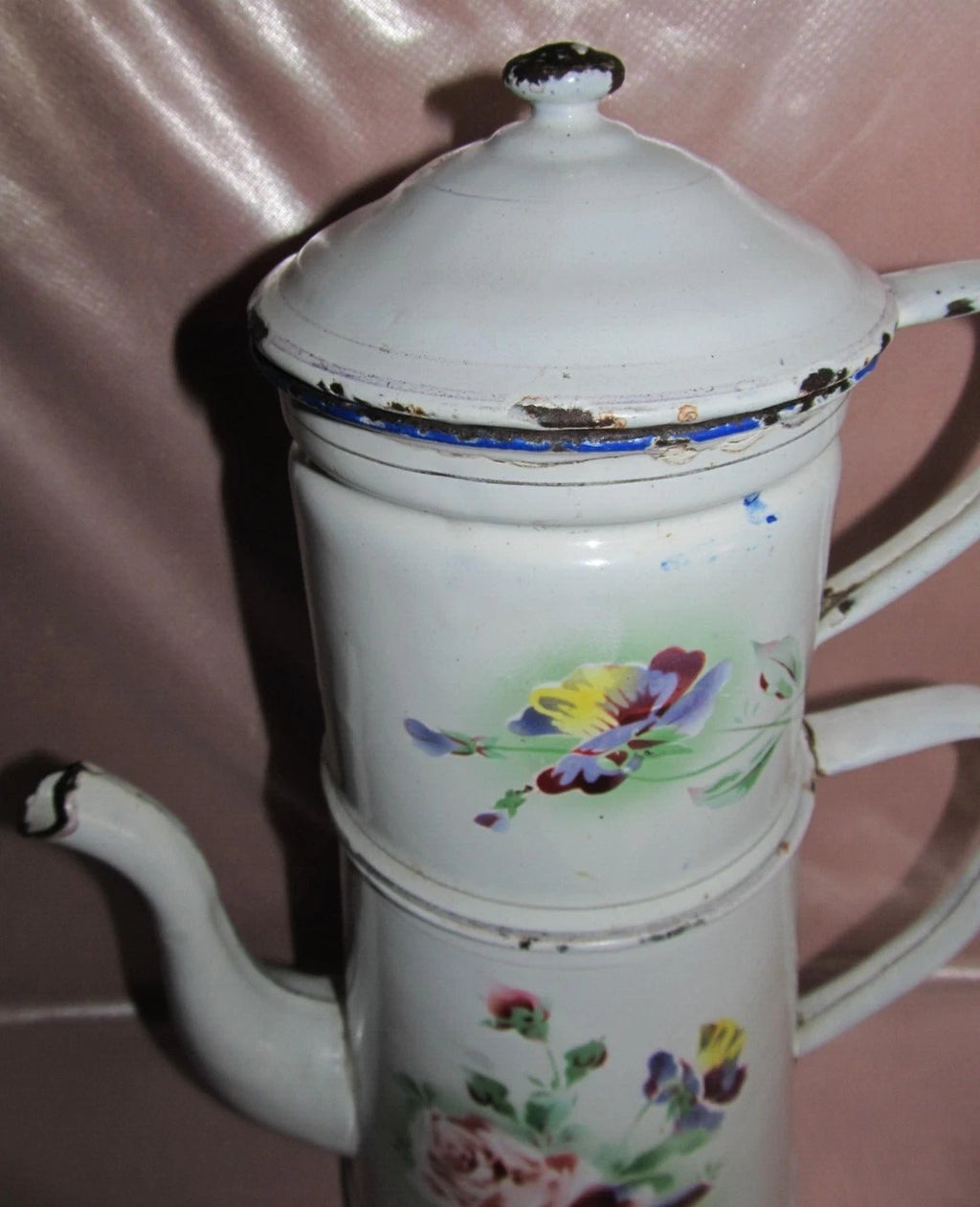 Large White Enamel Coffee Pot With Rose And Pansy Decoration H 36 Cm