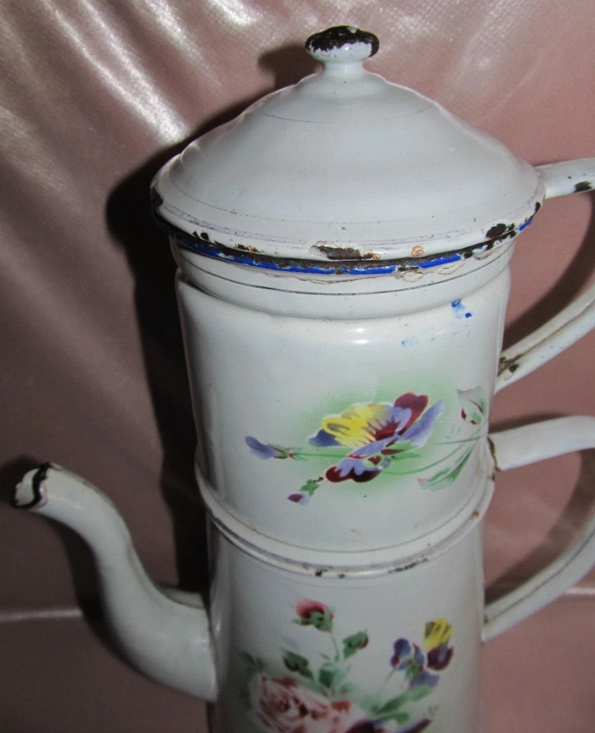 Large White Enamel Coffee Pot With Rose And Pansy Decoration H 36 Cm
