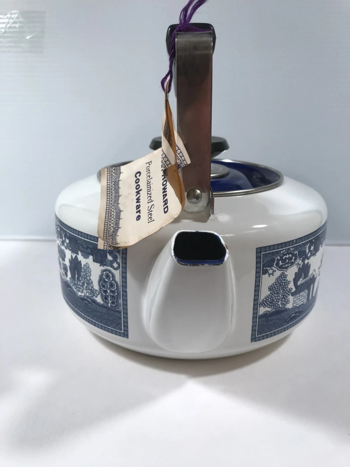 Vintage Blue Willow TEA KETTLE Howard Holt Porcelainized Steel Enamelware 1960's