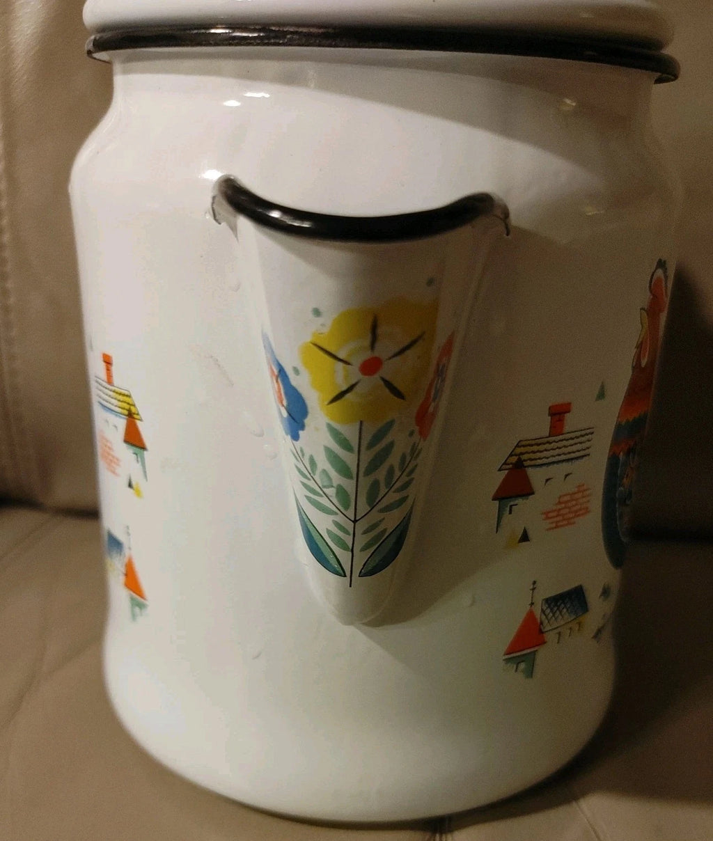 Vintage BERGGREN Enamel Coffee Pot Kettle Swedish Rooster Flower EXQUISITE Shape