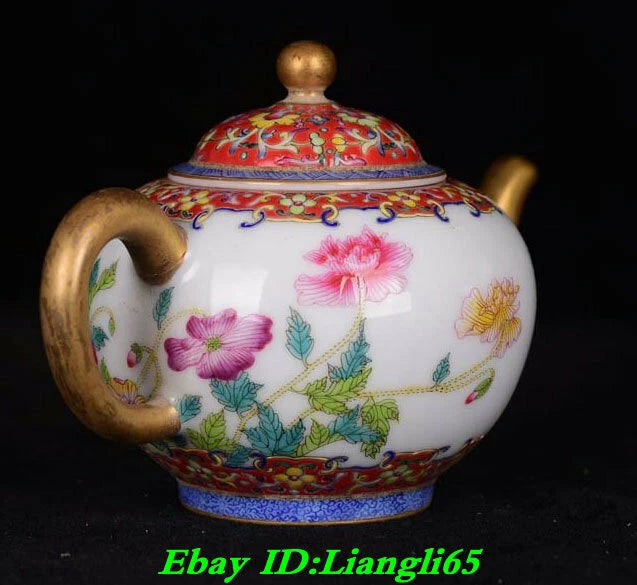 6" Yongzheng Marked Old Chinese Colour Enamel Porcelain Palace Flower Teapot-