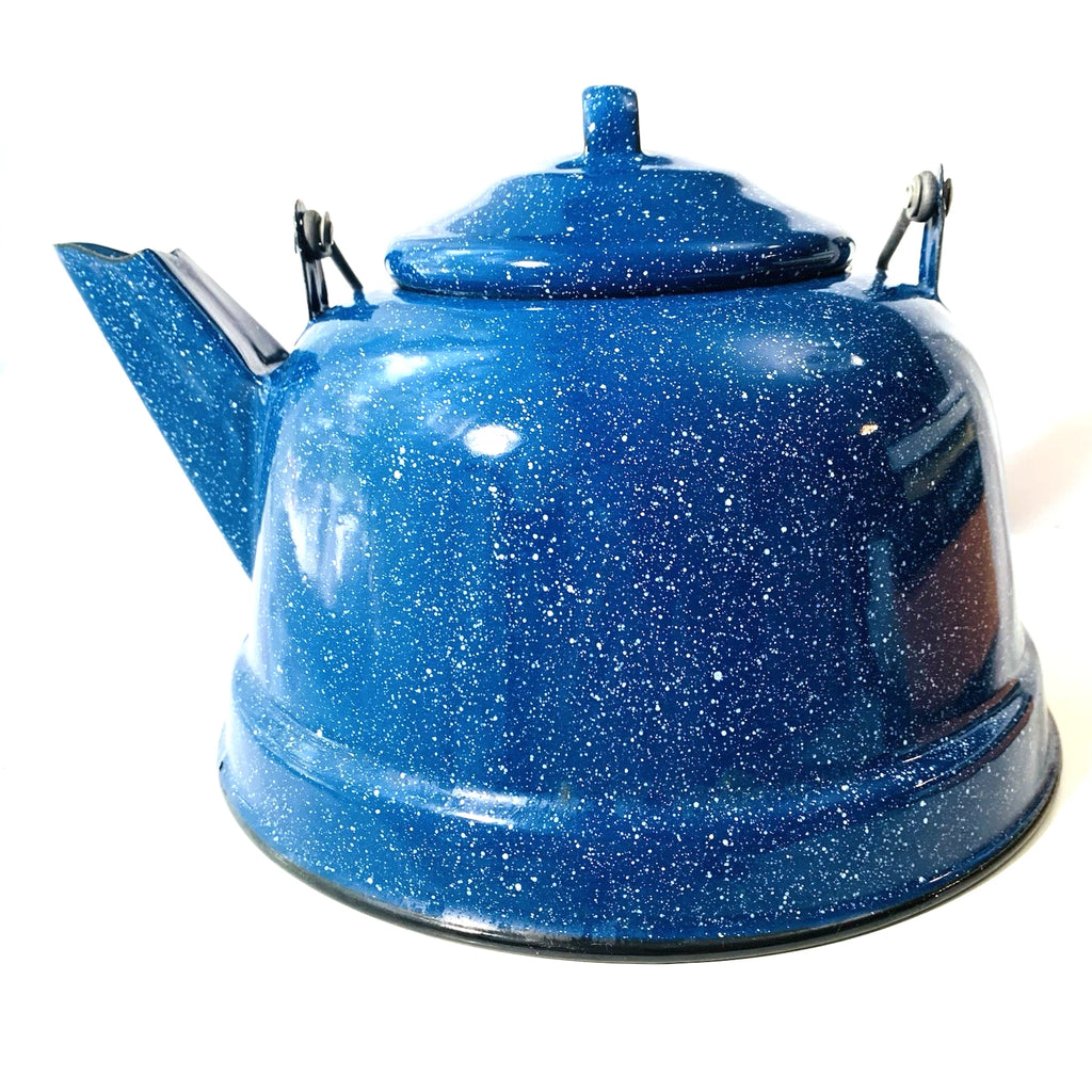 Vintage Cobalt Blue & White Speckled Enamelware Tea Pot Camping Kettle