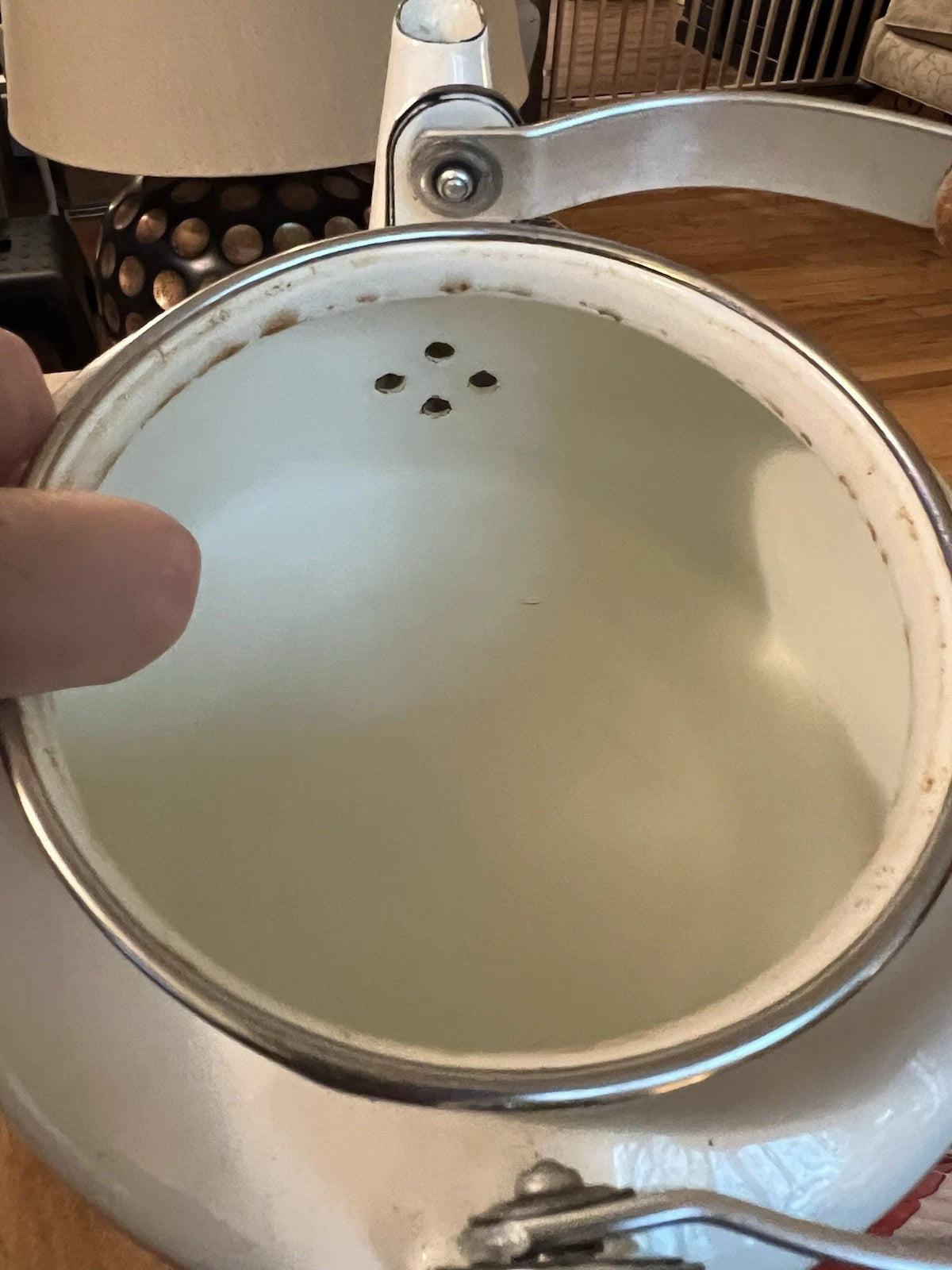 Vintage Lincoware White Enamel Metal Fruit Motif Teapot Tea Kettle Pot Retro