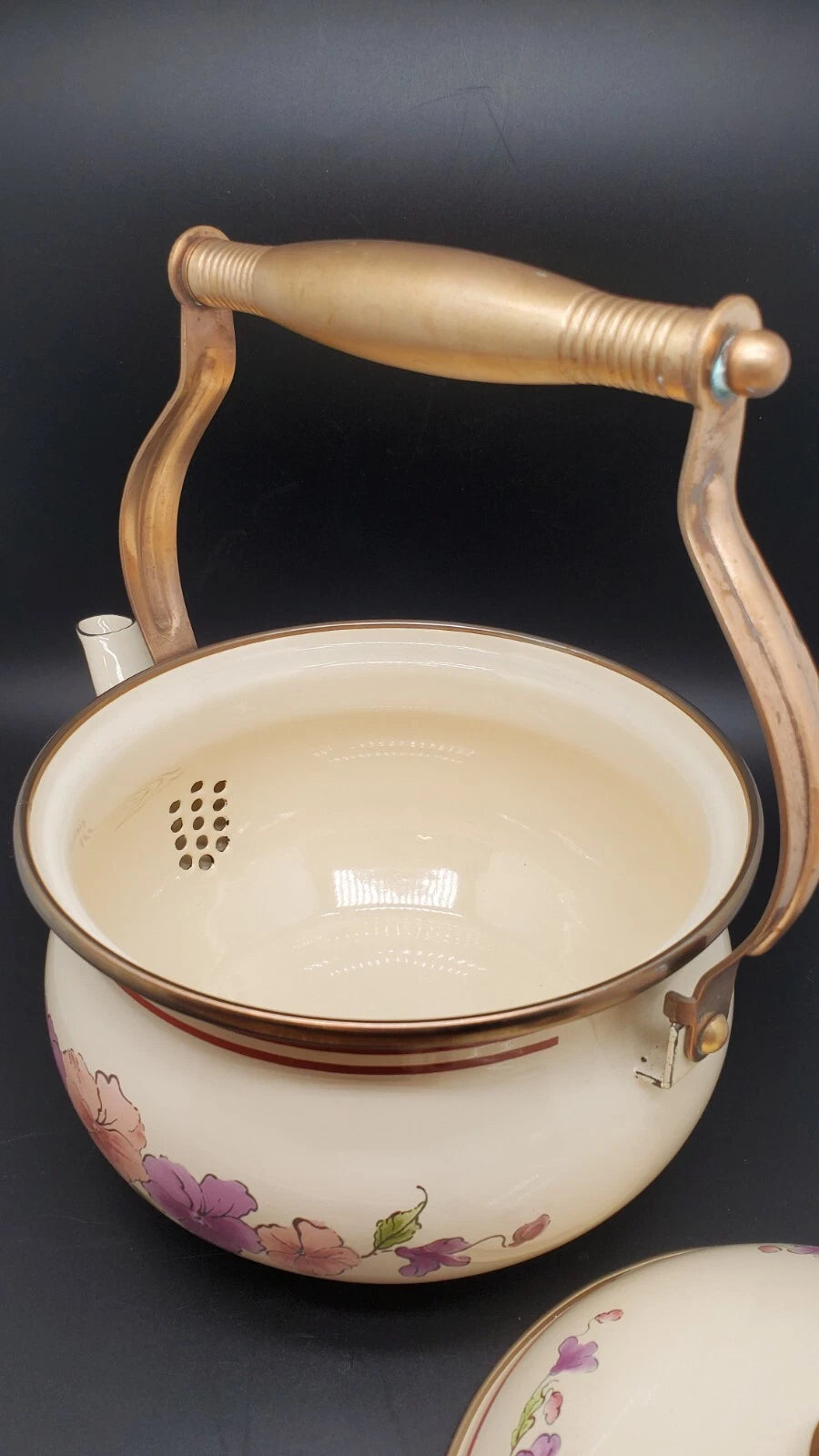 Tea Kettle Purple & Pink Flowers Brass Handle Porcelain Granny Core Cottage Core