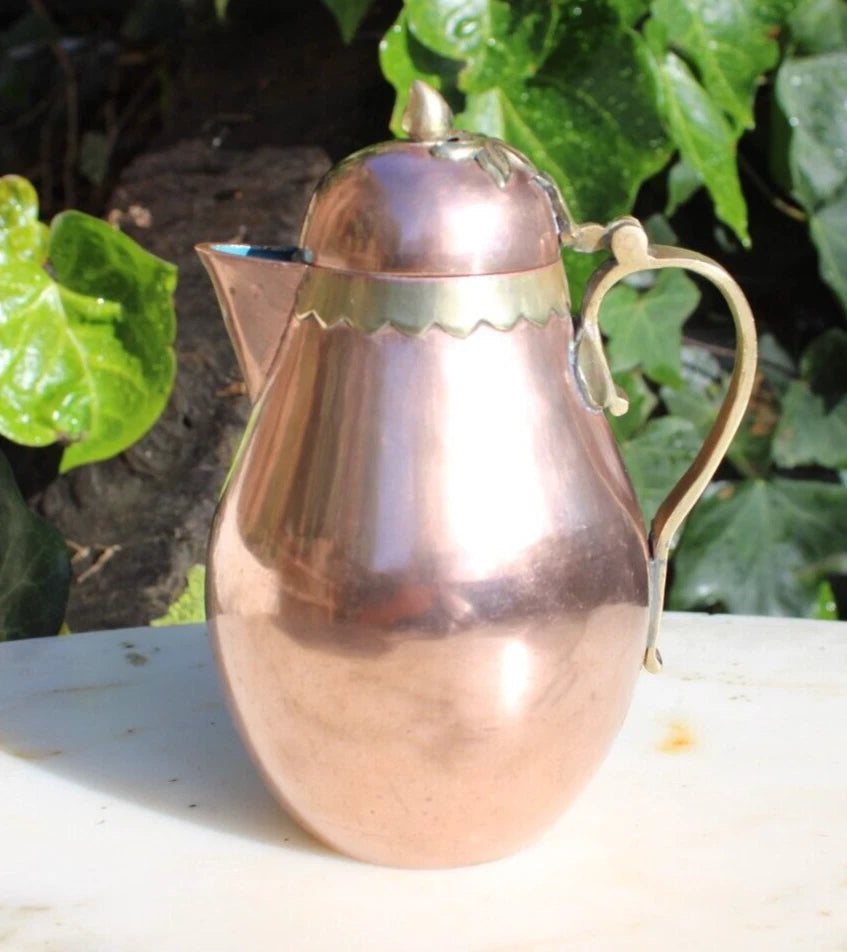 Antique Tea Pot Blue Enamel Chinese Solid Copper w/Brass Handle 6.25" Vintage