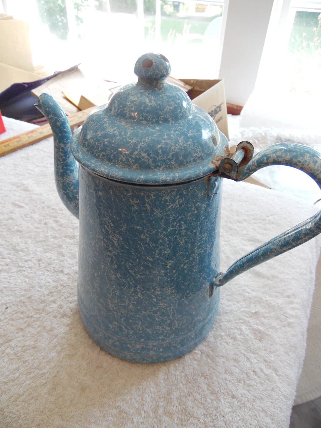 Vtg Blue & White Speckled Graniteware Enamelware 10" Tea Pot Coffee Gooseneck
