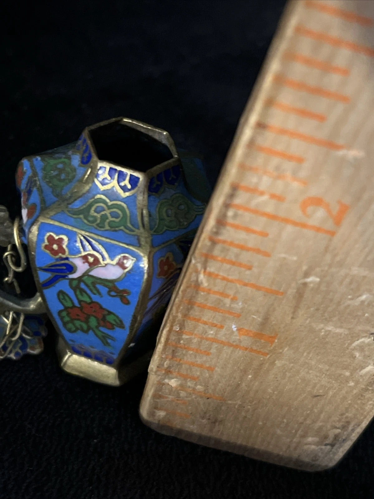 VTG  CLOISONNE ENAMEL ON BRASS HEXAGONAL TEA POT, BIRDS FLORAL pl