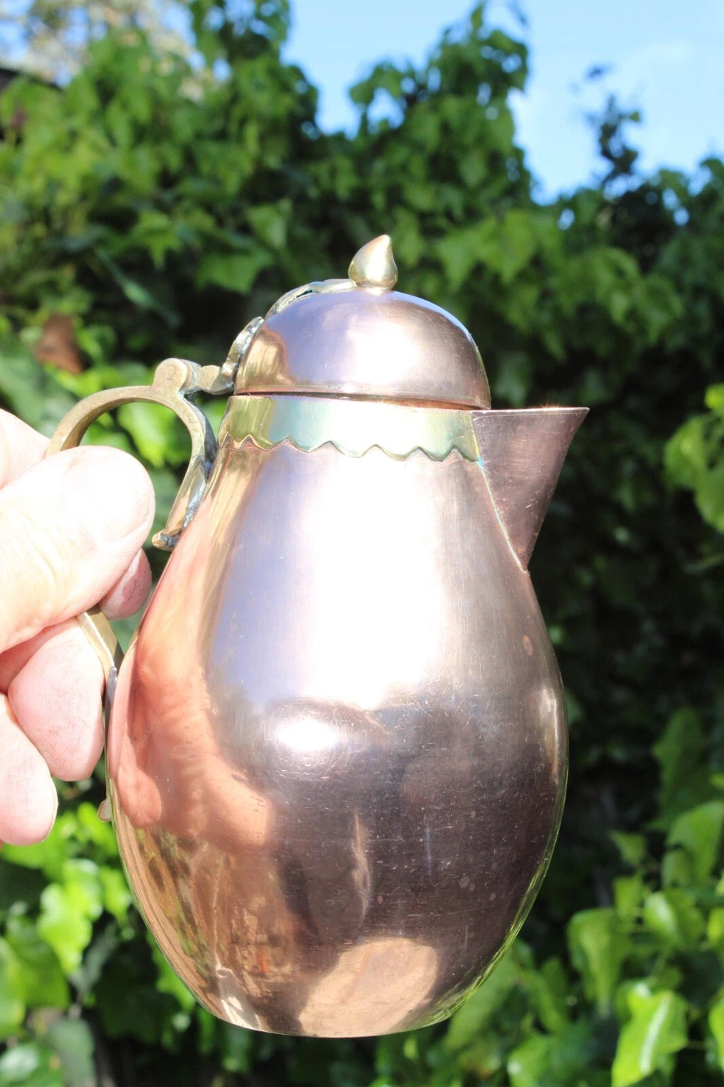 Antique Tea Pot Blue Enamel Chinese Solid Copper w/Brass Handle 6.25" Vintage