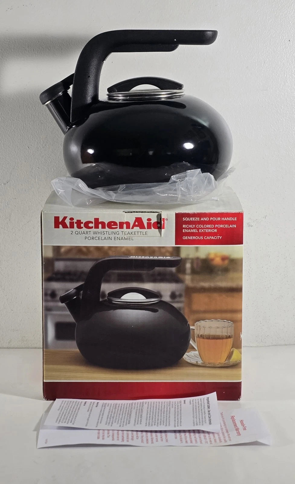 KitchenAid 2 Quart Whistling Porcelain Black Enamel Teakettle - Please Read