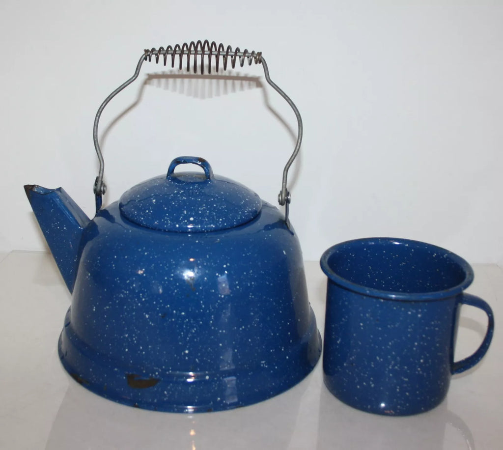 Blue Speckled Enamelware 10 Cup Coffee Teapot and Cup