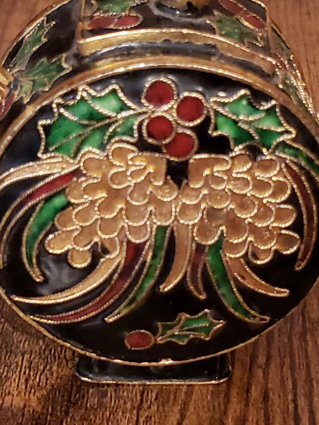 Miniature Decorative Enamel Teapot Black Gold Red Green Cloisonne Holly Berry