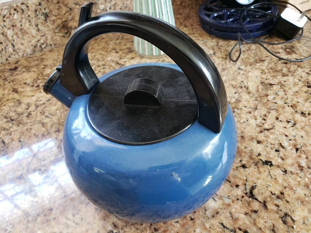 Kamenstein Vintage Enamel Blue Tea Kettle Whistling Cute Teapot Made in Japan