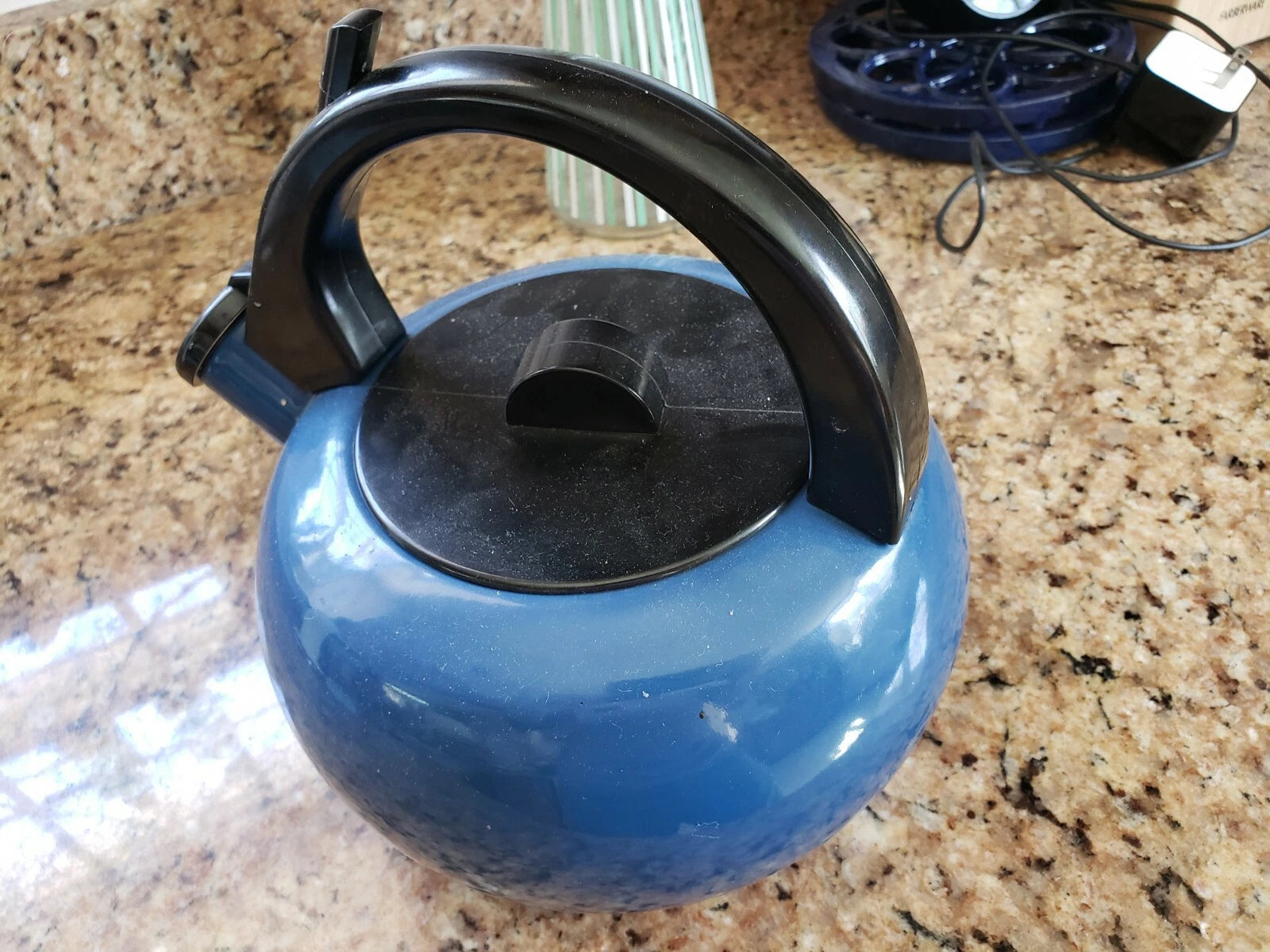 Kamenstein Vintage Enamel Blue Tea Kettle Whistling Cute Teapot Made in Japan