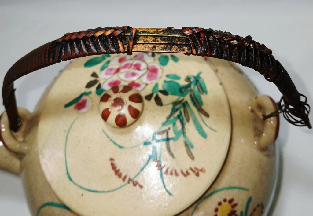 Antique Japanese Yellow Ware Ceramic Famille Rose Raised Enamel Teapot