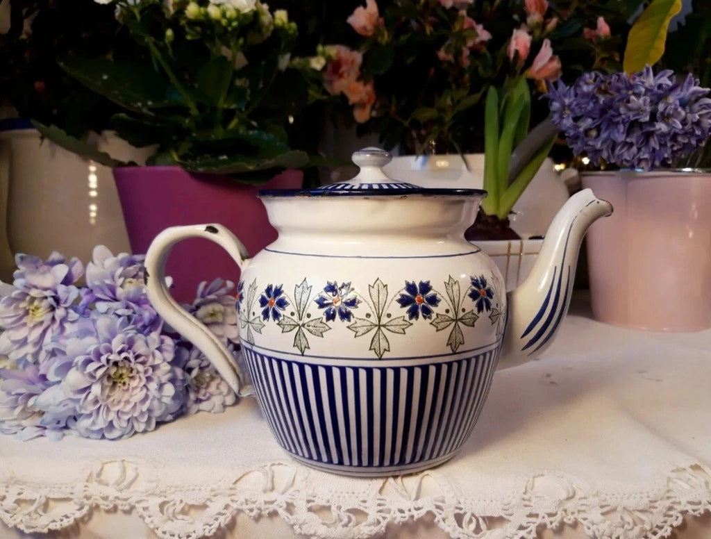 RARE antique enameled french teapot BB freres blue flowers stripes 1930 Art Deco