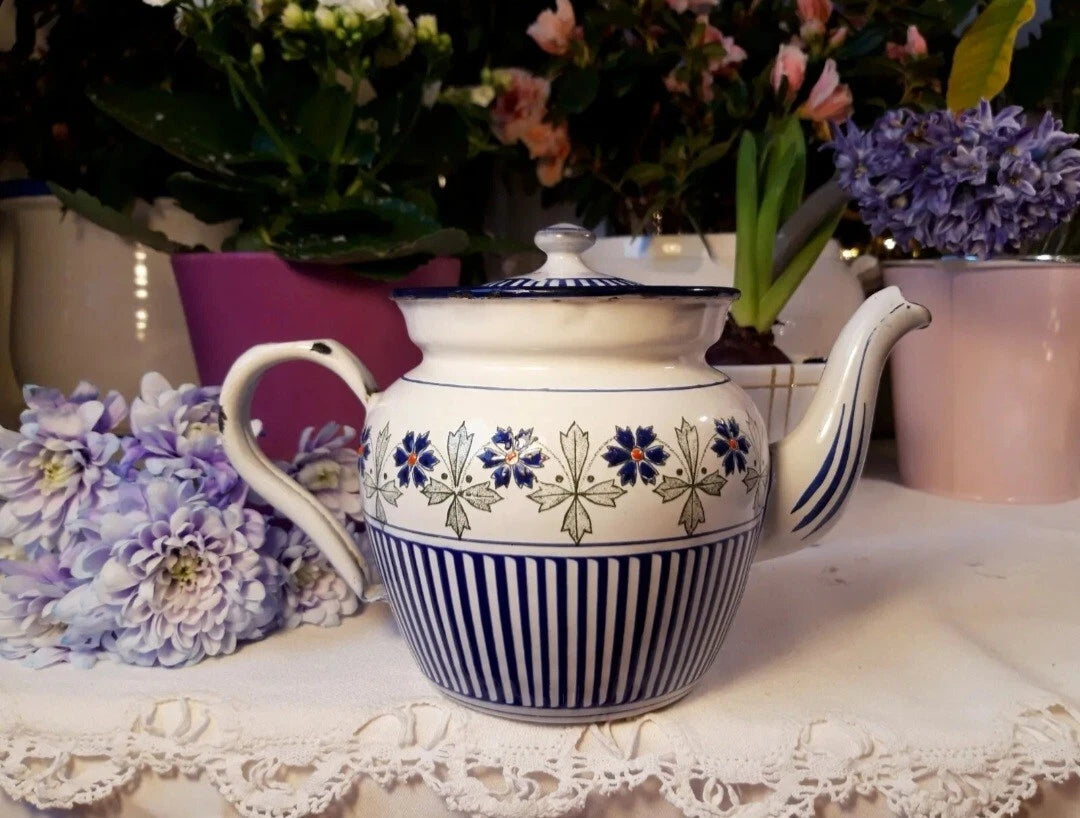 RARE antique enameled french teapot BB freres blue flowers stripes 1930 Art Deco