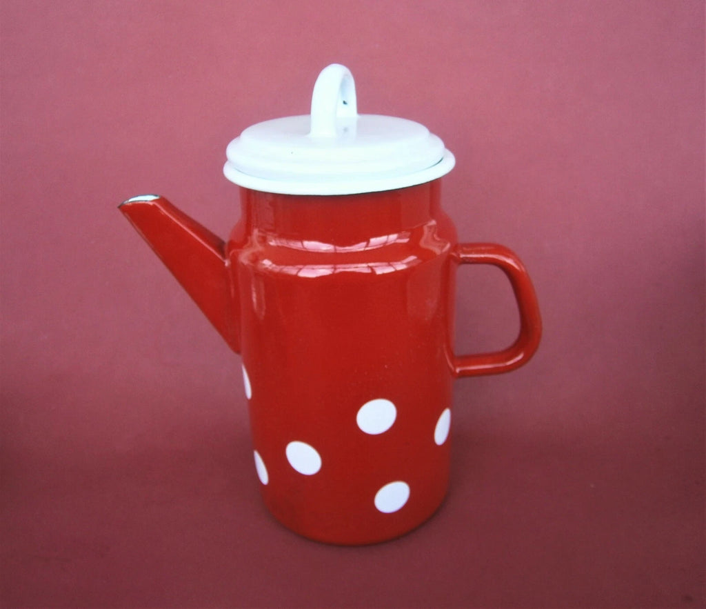 Vintage Munder Email Enamel Tea Pot Red Water Jug with Lid Polka Dots Germany