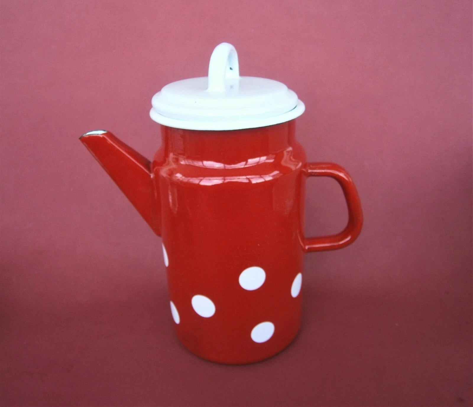 Vintage Munder Email Enamel Tea Pot Red Water Jug with Lid Polka Dots Germany