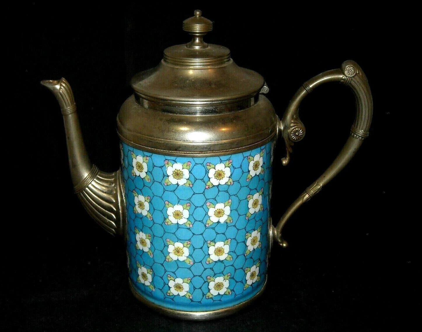Pewter-Trimmed Blue & White Graniteware APPLE BLOSSOM Teapot - Enamel Ware