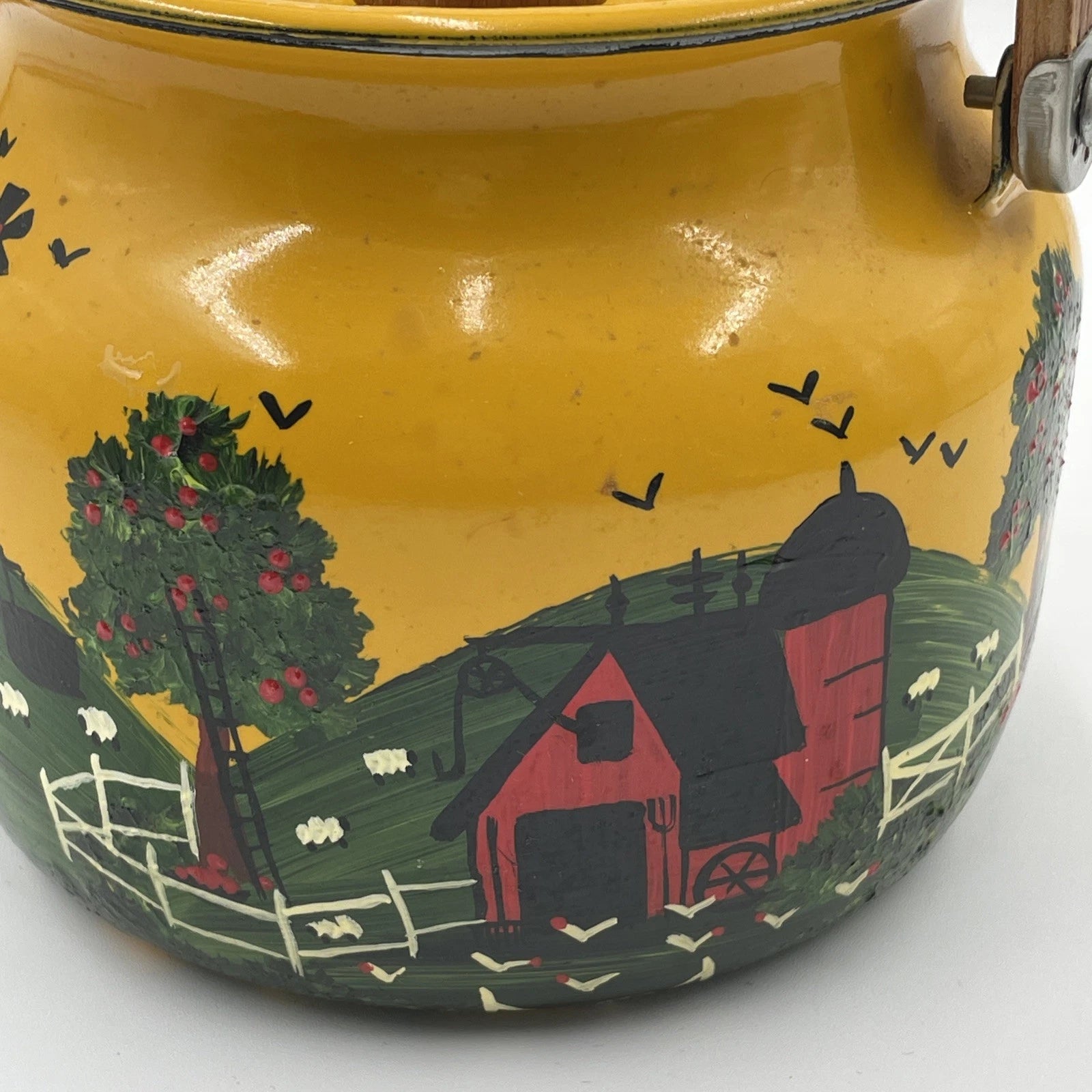 Vtg Hand Painted MCM Yellow Enamel Tea Kettle with Teak Wood Handle and Knob