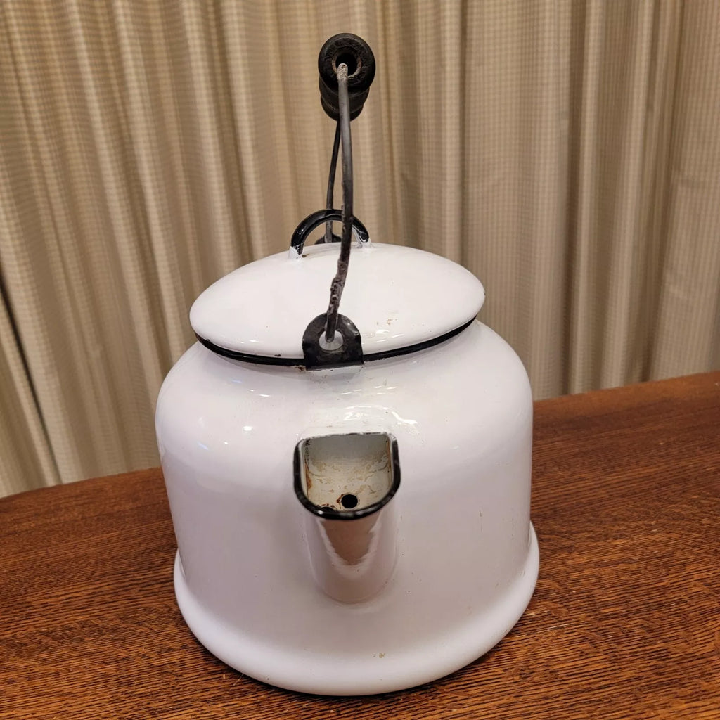 Vintage Enamelware Tea Kettle White Black