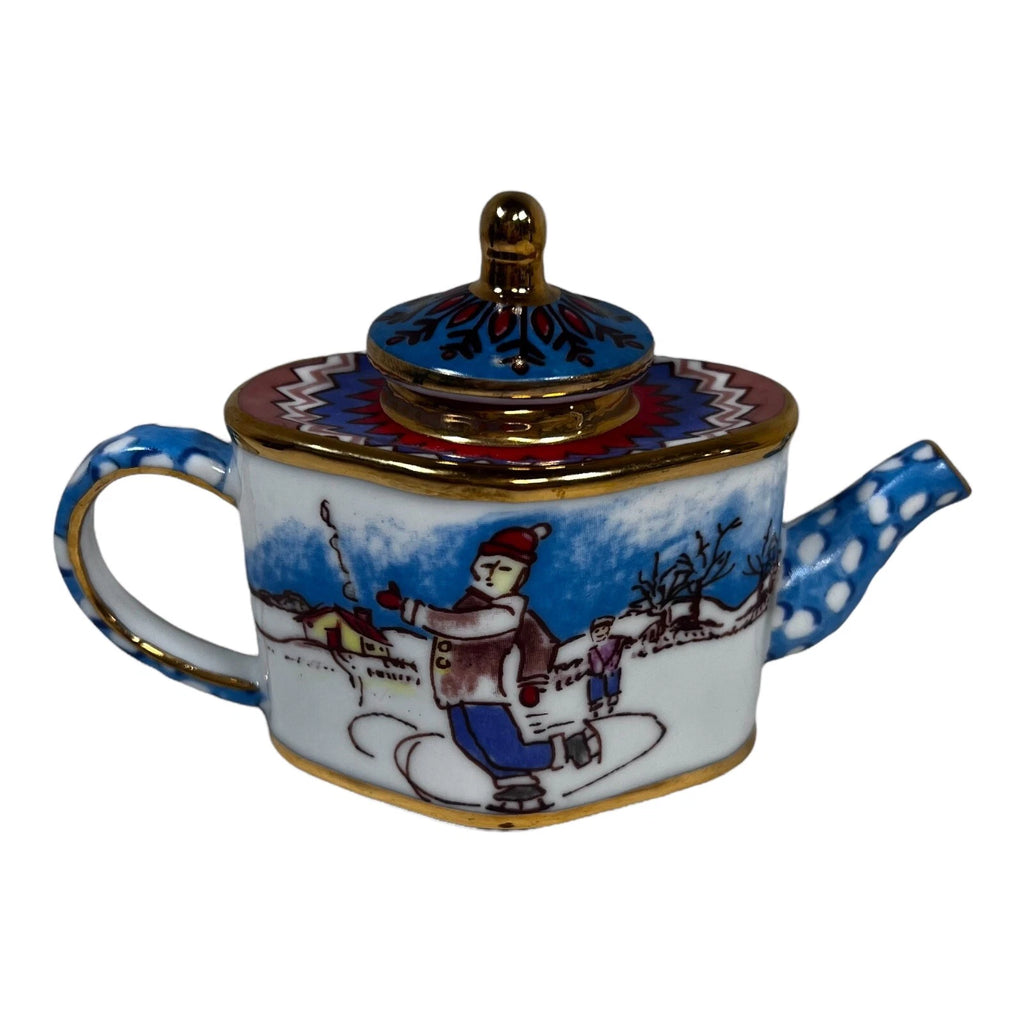 Miniature Ceramic Teapot Snowy Christmas Ice Skating Village Pond Mini Enamel