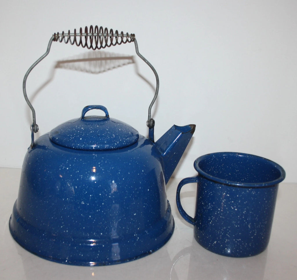 Blue Speckled Enamelware 10 Cup Coffee Teapot and Cup