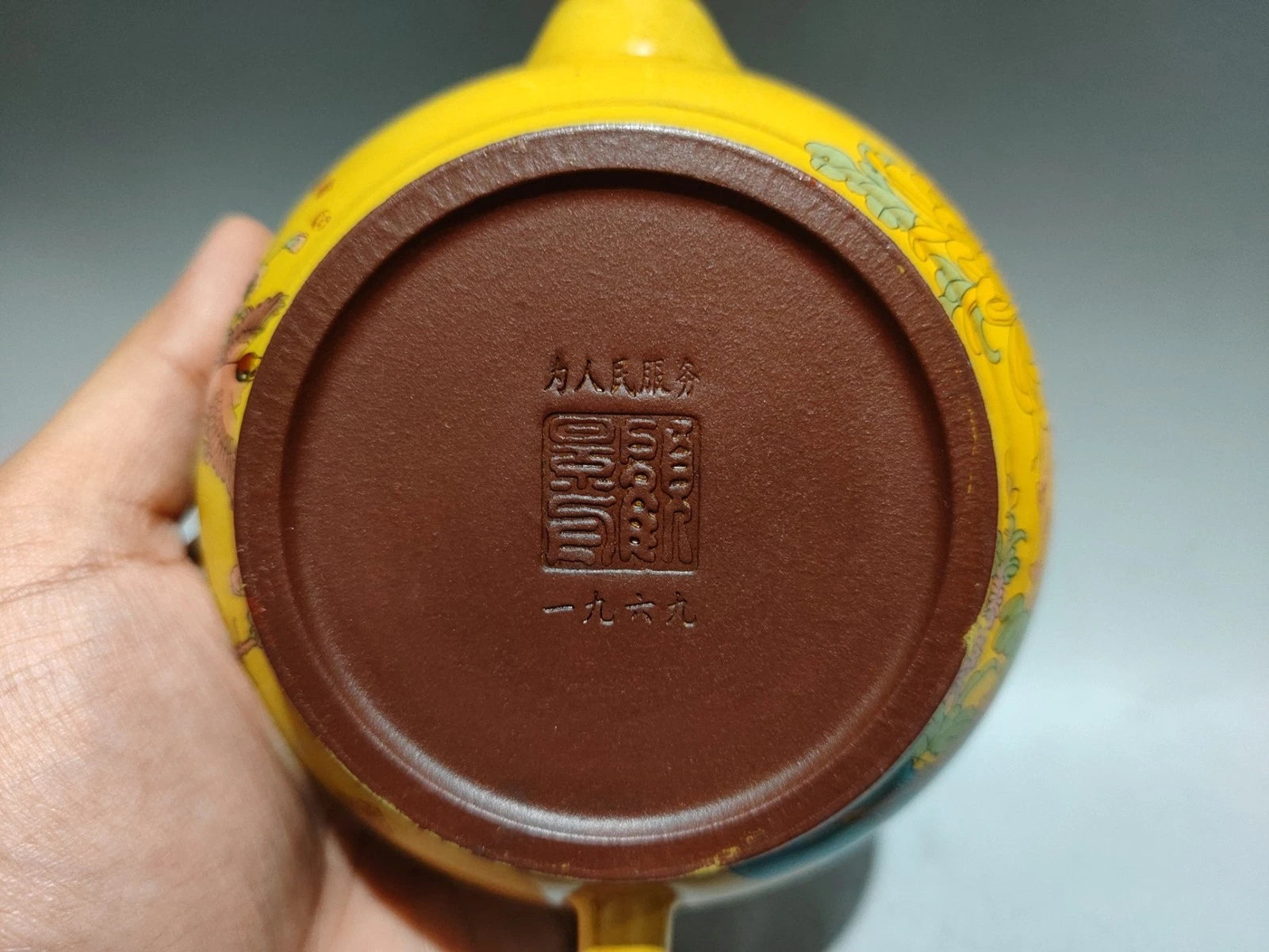 Yixing Purple Teapot Ornament Exquisite Figurine Enamel Painted Floral Motif