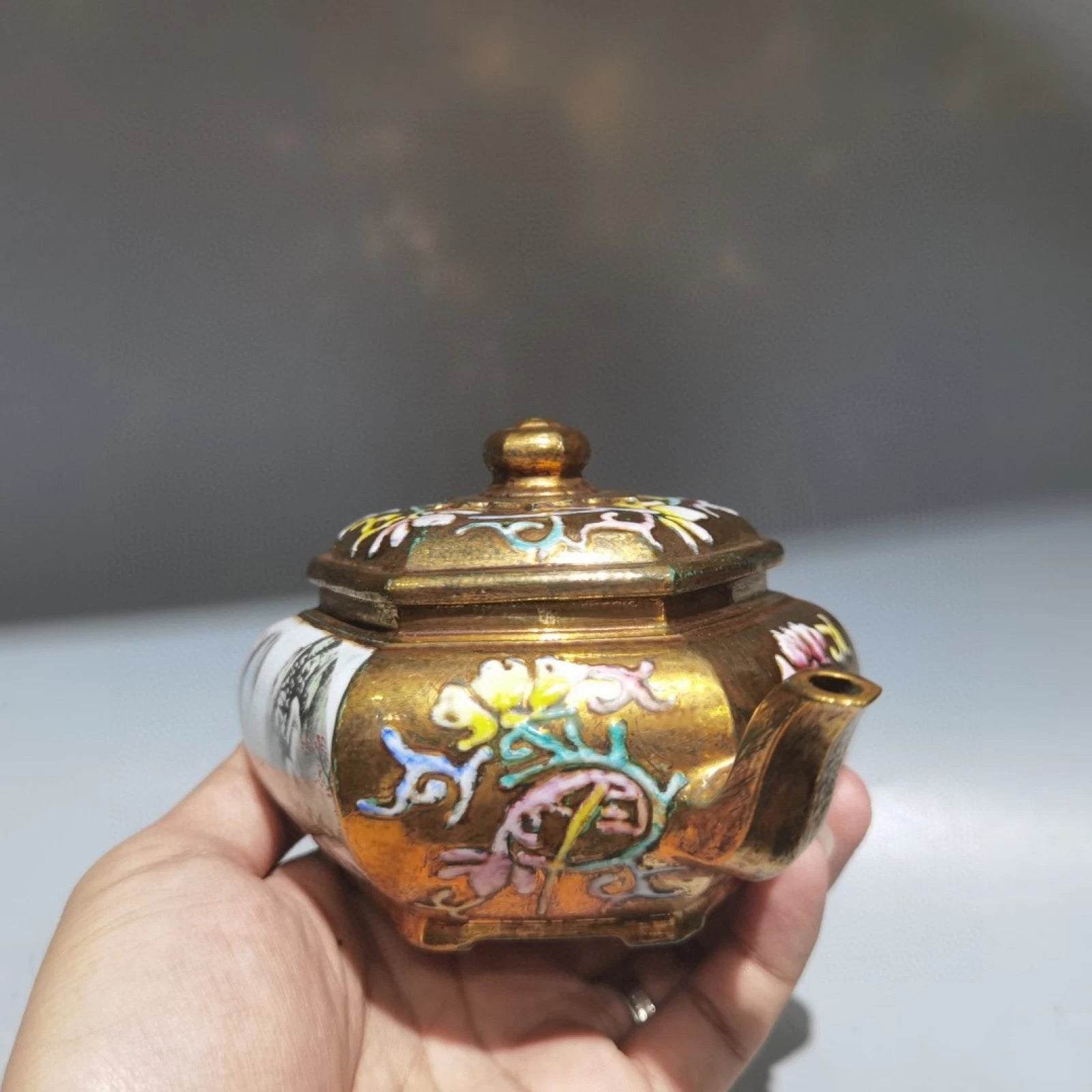 Chinese Clay Pot Traditional Tea Pots Strainer Vintage Art Deco Gilded Enamel