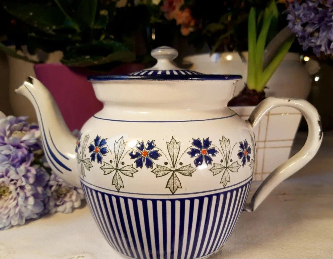 RARE antique enameled french teapot BB freres blue flowers stripes 1930 Art Deco