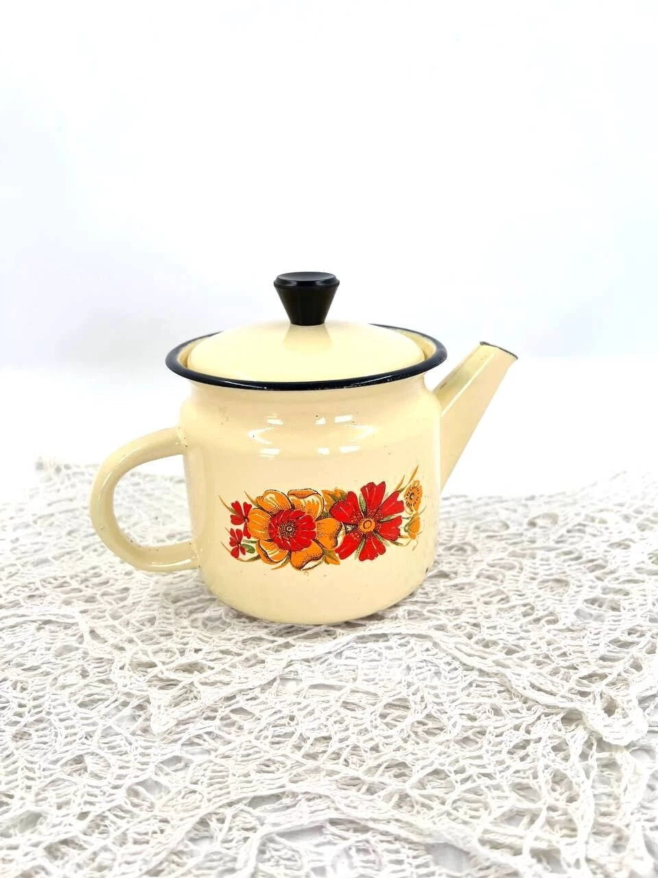 Vintage yellow enameled kettle pitcher 0.5 l Kitchen enamel coffee pot Metal tea