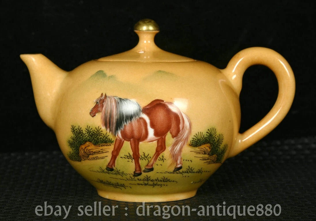 5.6" Old China Yongzheng Marked Colour Enamel Porcelain Horse Teacup Teapot Set