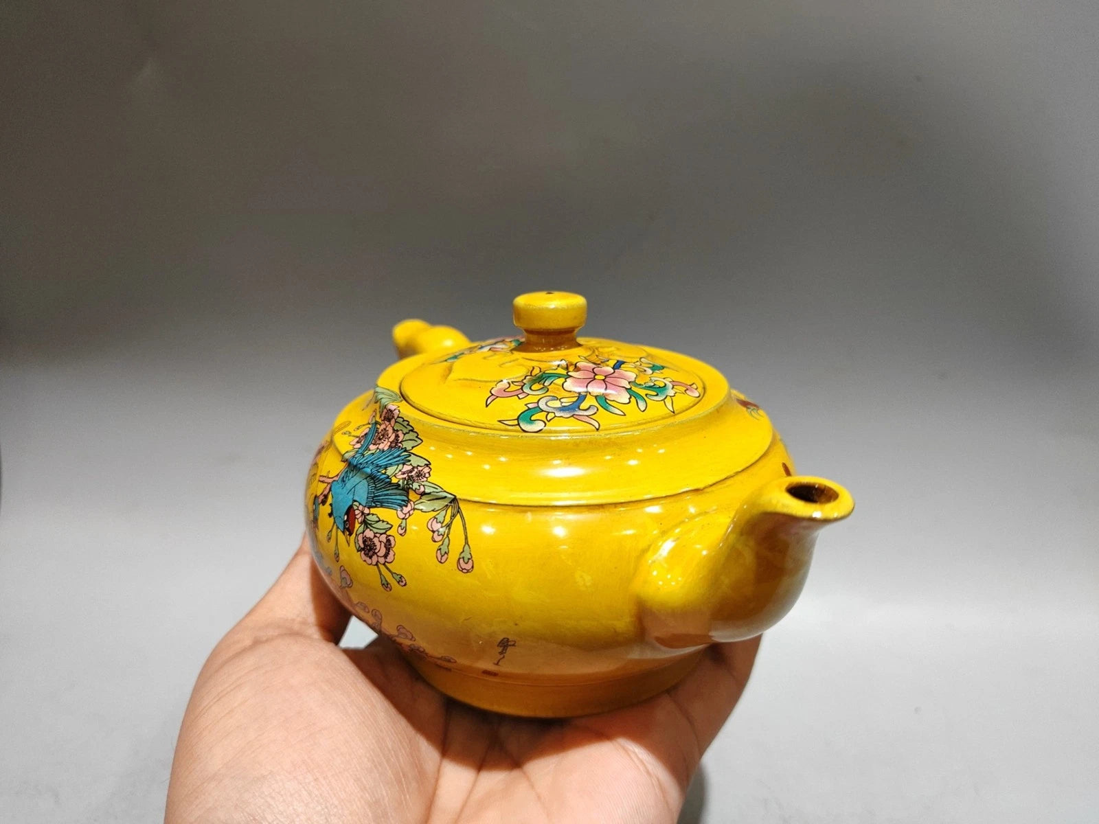 Yixing Purple Teapot Ornament Exquisite Figurine Enamel Painted Floral Motif