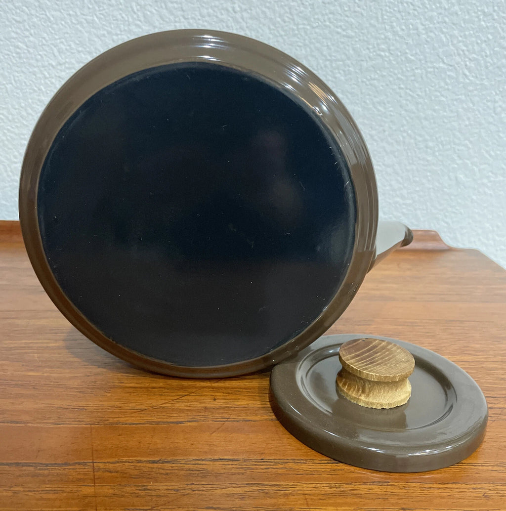 Mid Century Brown Enamel Tea Pot with Blue Enamel Interior